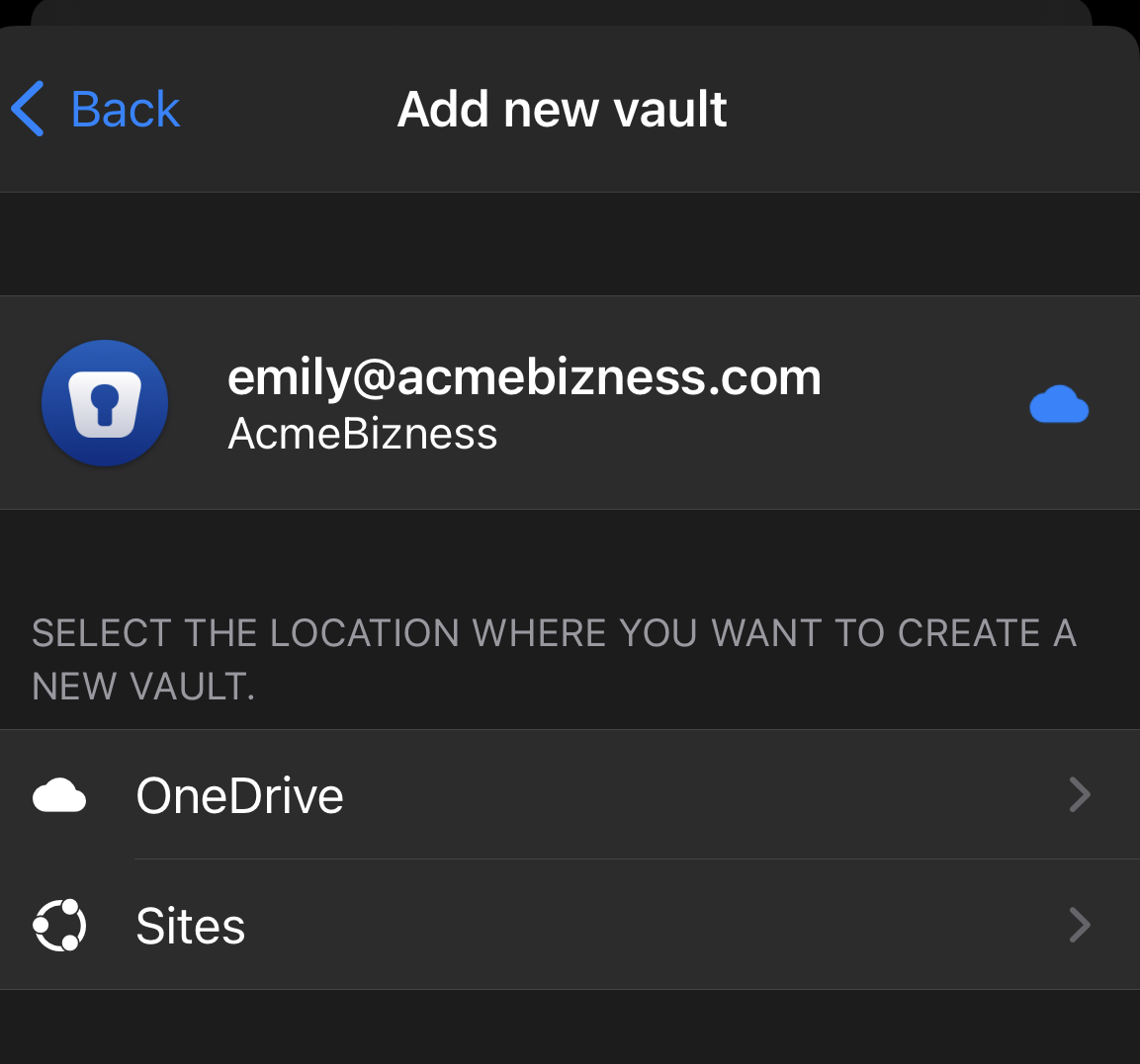Tap sites to open existing Business Vault on iOS device